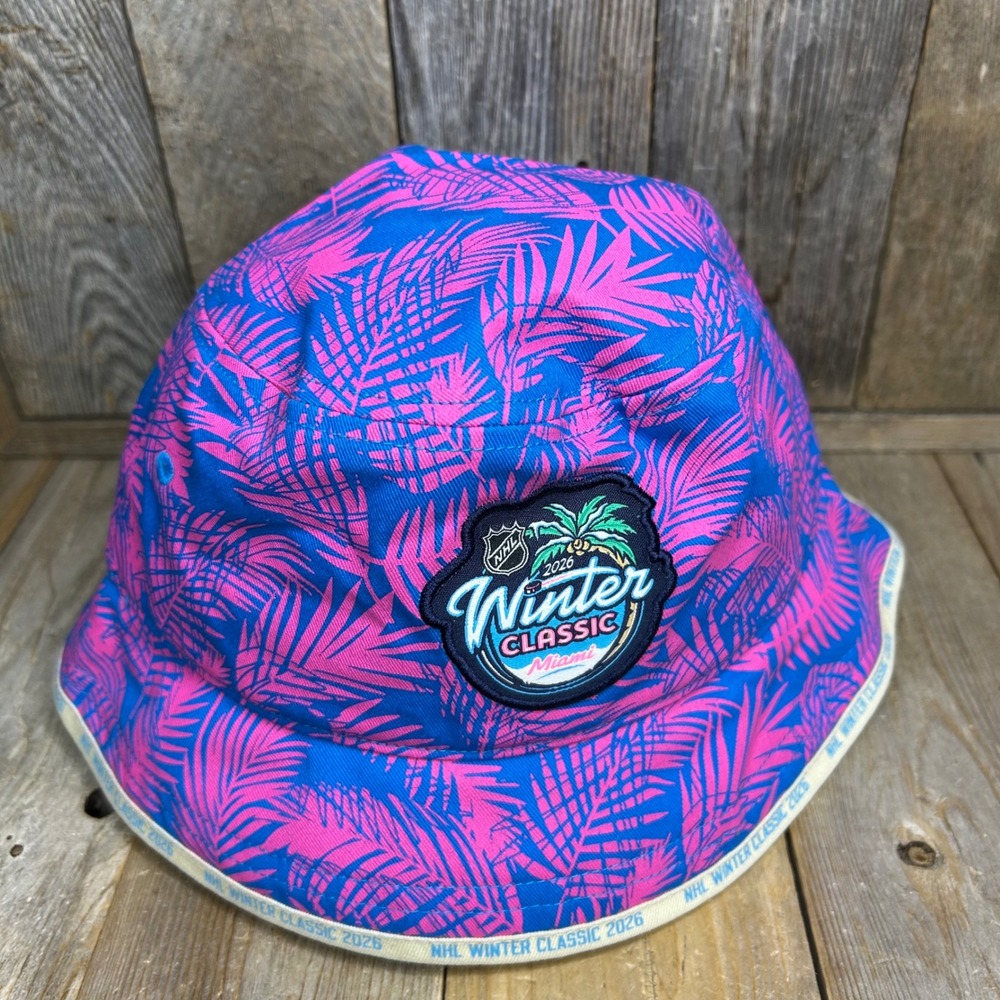 Fanatics NHL Winter Classic 2026 Miami Bucket Hat Blue Pink Tropical Palm Print